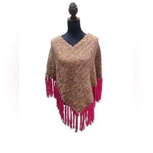 One Size Handmade Pink Purple Yellow Fringed Crochet Poncho